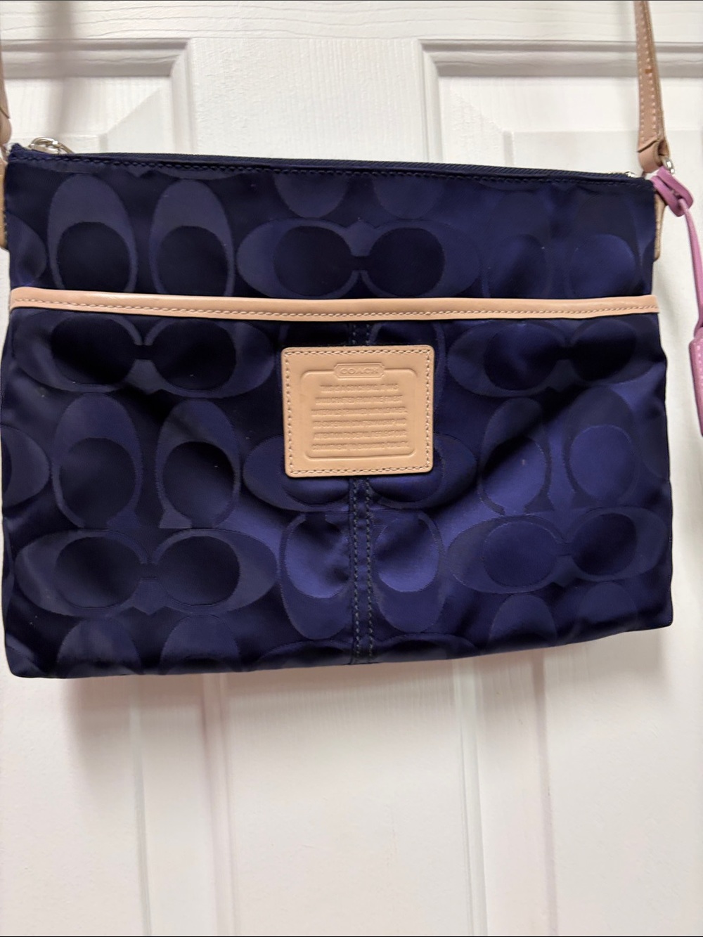 Coach Deep Plum Signature Crossbody with Light Tan Leather Trim